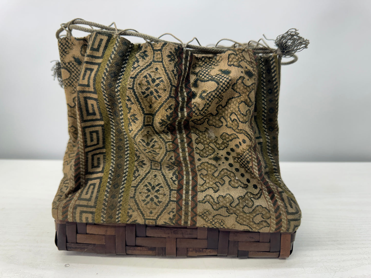 Y10718 Bamboo Woven Basket Tote bag drawstring pouch Japan antique fashion