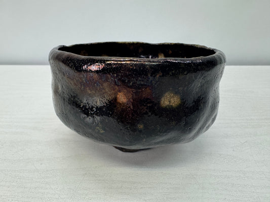 Y10720 CHAWAN Raku-ware Black bowl signed Sekishun Japan antique tea ceremony