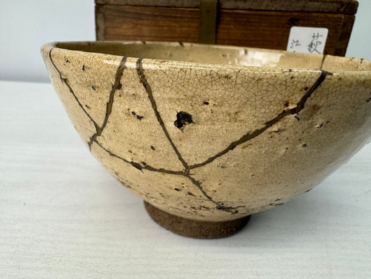 Y10724 CHAWAN Hagi-ware kintsugi bowl box Japan antique tea ceremony pottery cup