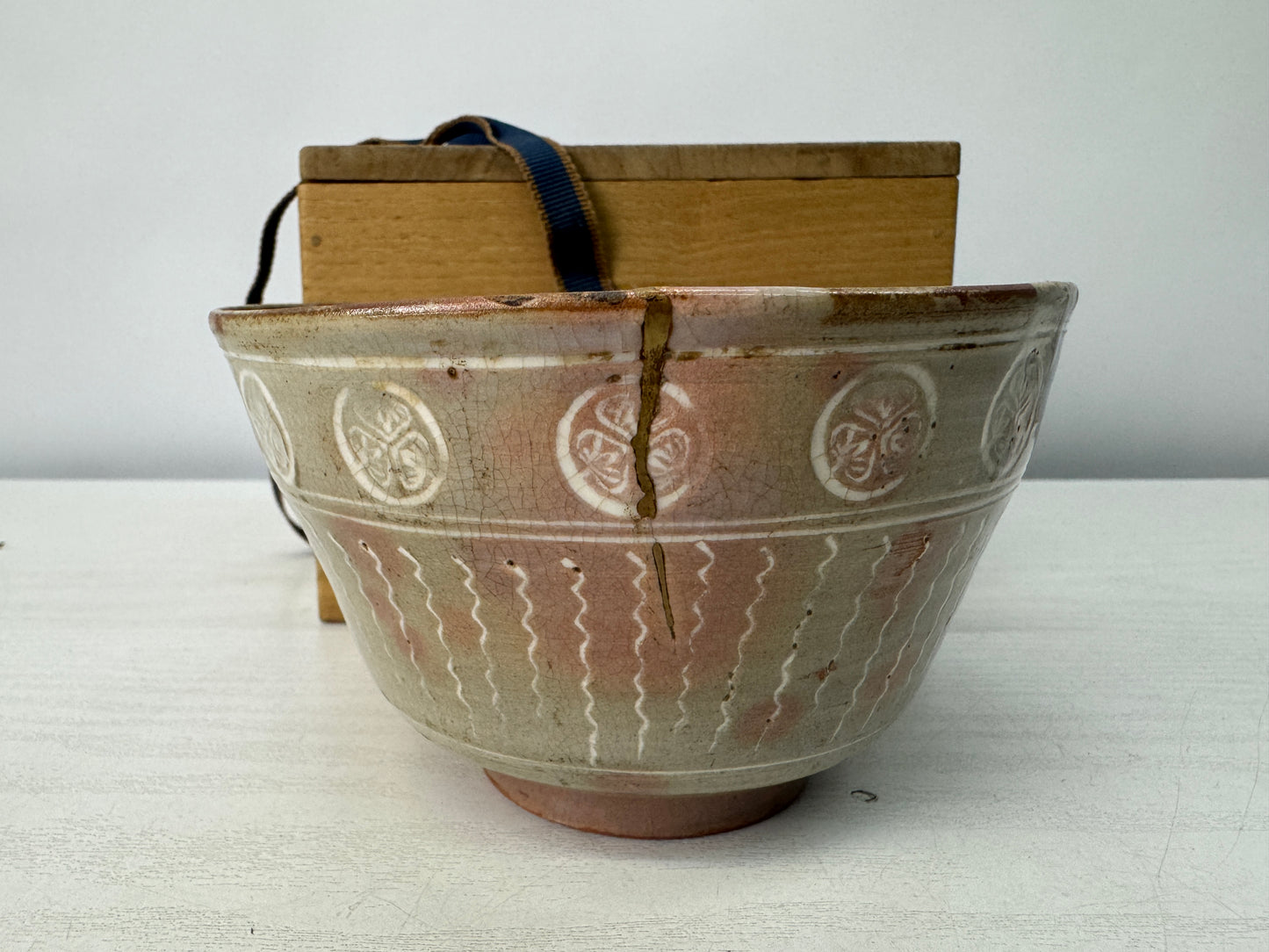 Y10725 CHAWAN Gohon Mishima bowl kintsugi box Japan antique tea ceremony cup