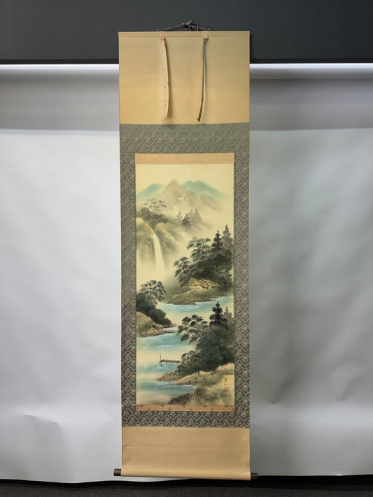 Y10729 KAKEJIKU Hanging scroll colored Landscape signed box Japan antique decor