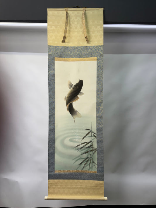 Y10730 KAKEJIKU Hangin scroll Koi fish signed box Japan antique interior decor