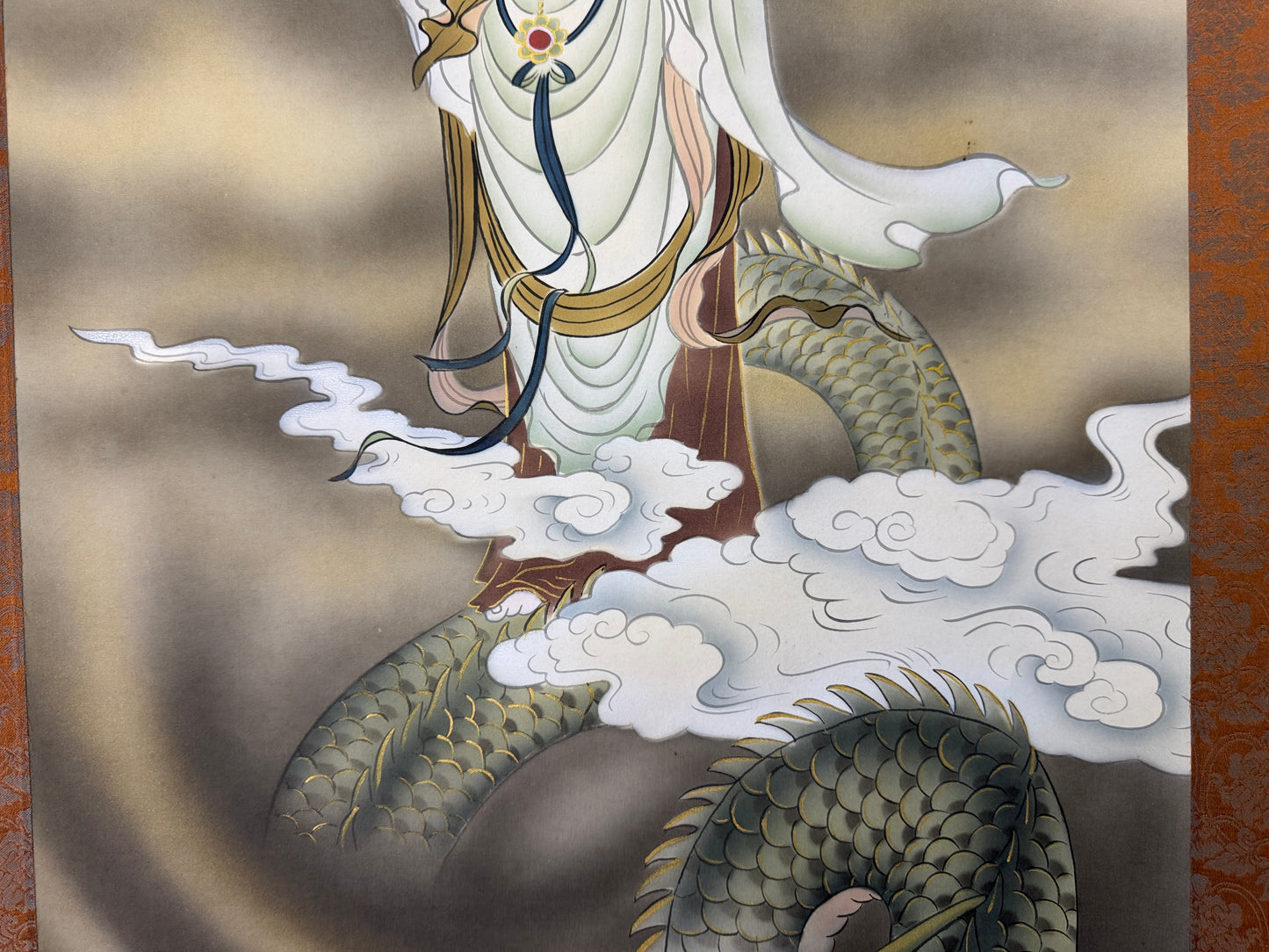 Y10731 KAKEJIKU Hanging scroll Kannon Bodhisattva Dragon Cloud Japan antique