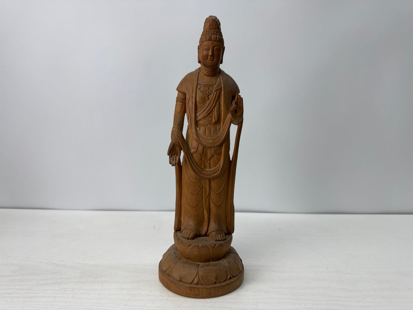 Y10734 STATUE plain wood carving Kannon figurine signed Japan antique figure