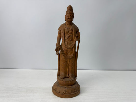 Y10734 STATUE plain wood carving Kannon figurine signed Japan antique figure