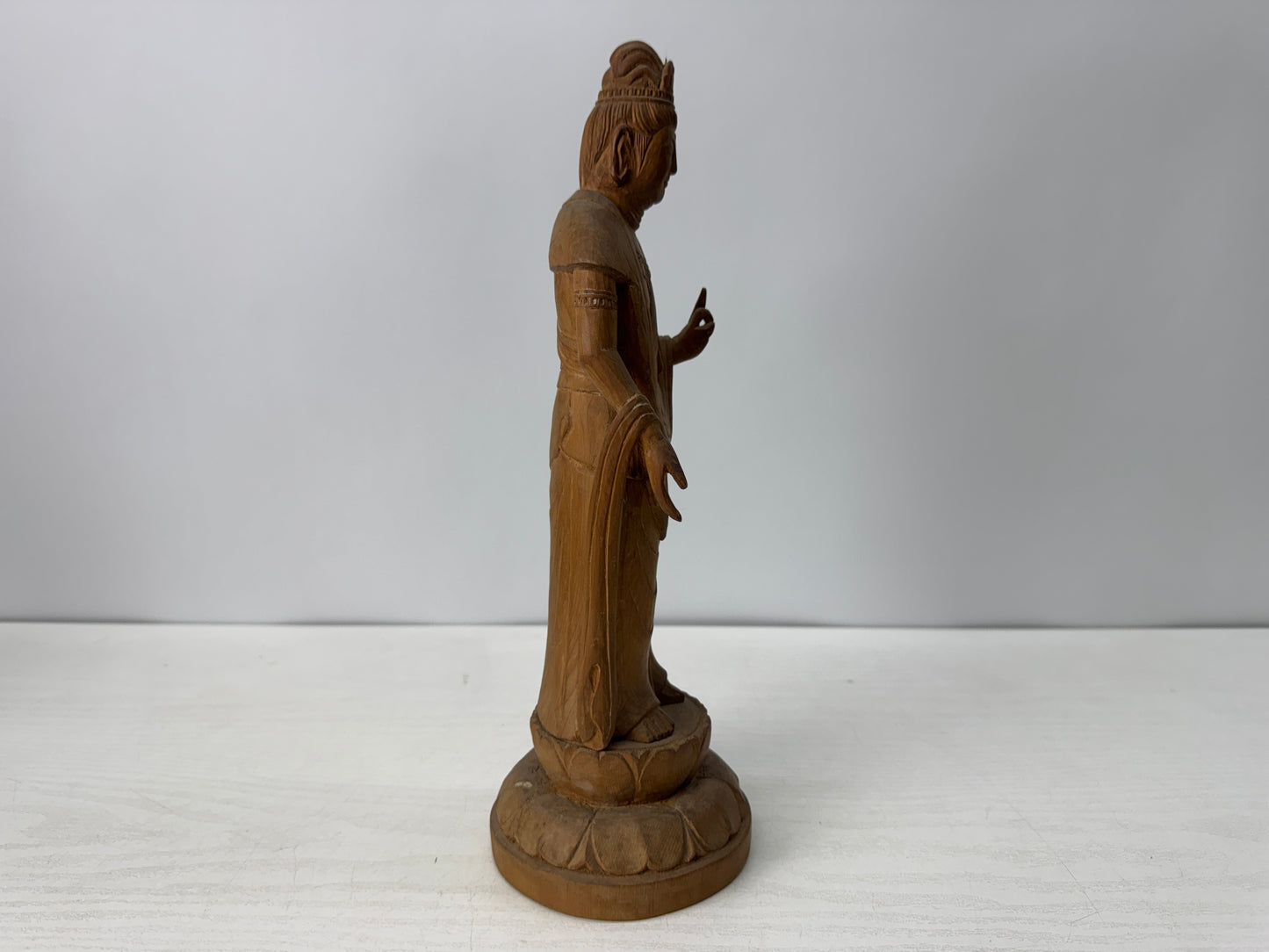 Y10734 STATUE plain wood carving Kannon figurine signed Japan antique figure