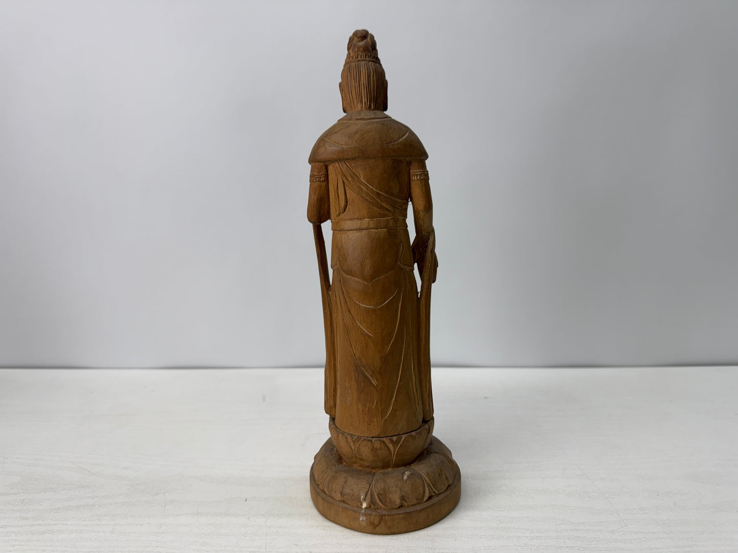 Y10734 STATUE plain wood carving Kannon figurine signed Japan antique figure