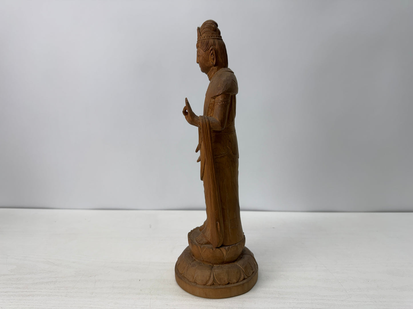 Y10734 STATUE plain wood carving Kannon figurine signed Japan antique figure