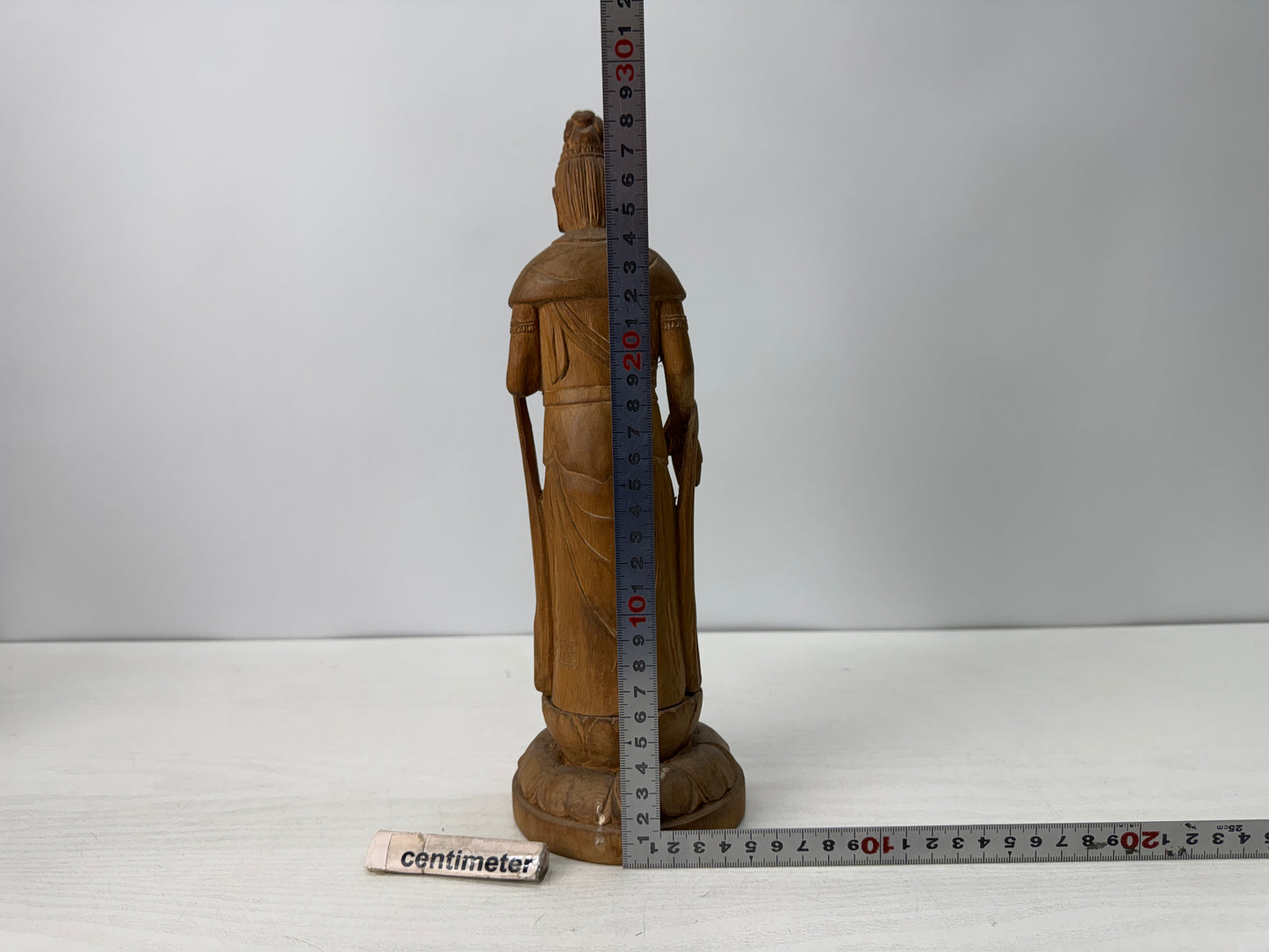 Y10734 STATUE plain wood carving Kannon figurine signed Japan antique figure