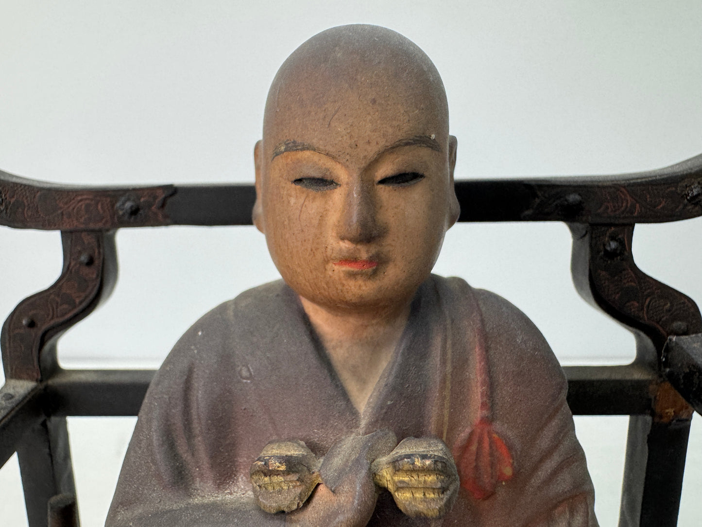 Y10735 STATUE wood carving Inpo Daishi Kukai colored figurine Japan antique