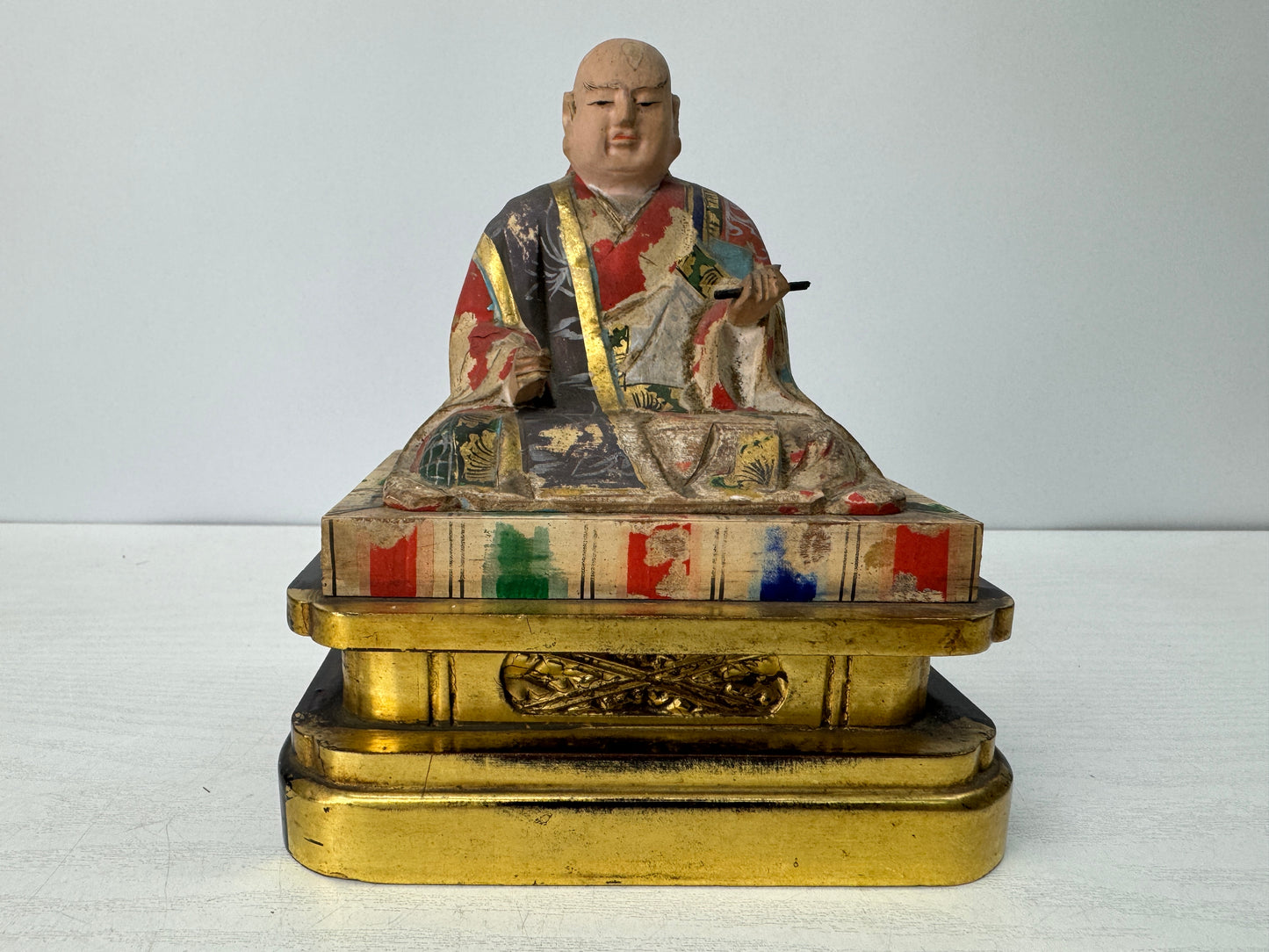 Y10736 STATUE wood carving Nichiren Shonin colored figurine Japan antique figure