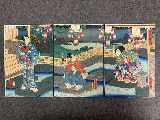 Y10749 WOODBLOCK PRINT Toyokuni triptych Portrait Japan antique Ukiyoe interior