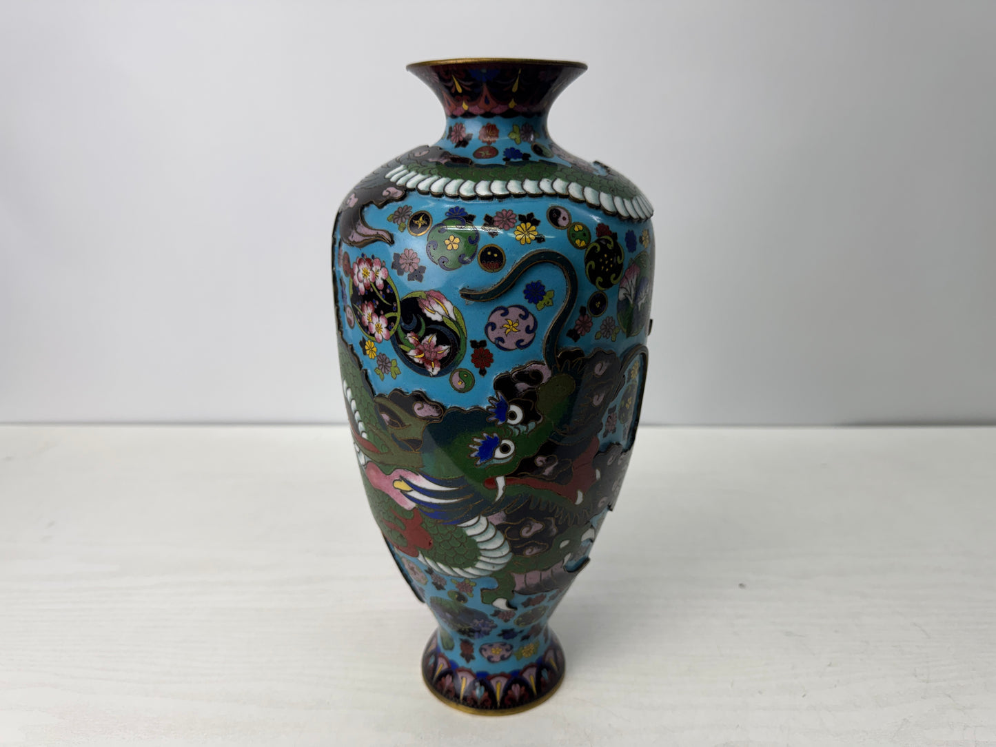 Y10756 FLOWER VASE Cloisonne Dragon Raised relief work Japan antique ikebana