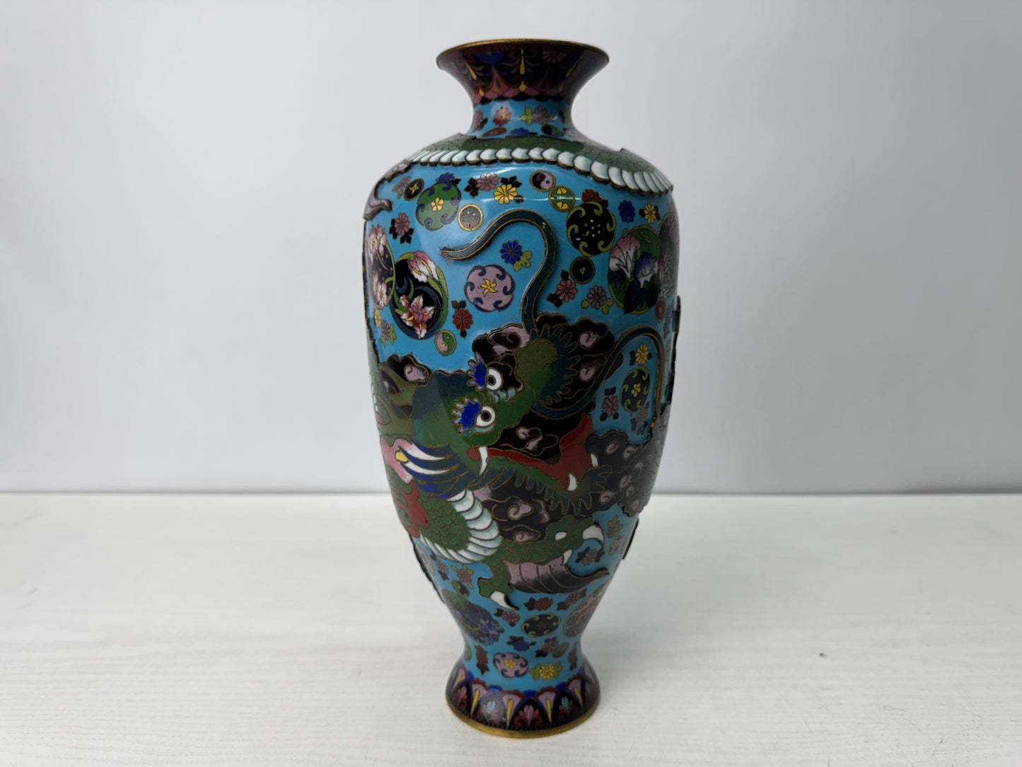 Y10756 FLOWER VASE Cloisonne Dragon Raised relief work Japan antique ikebana