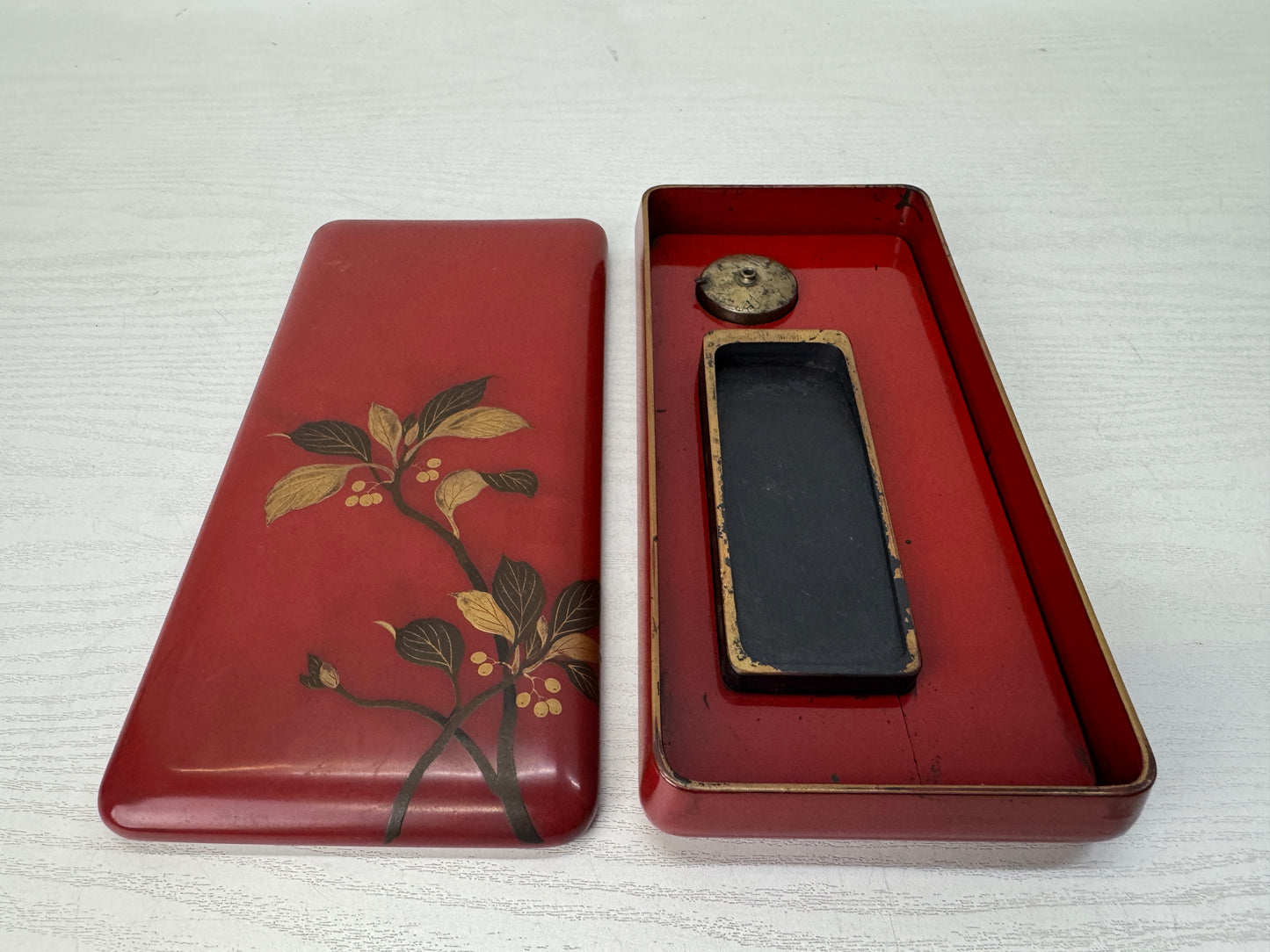 Y10768 BOX Vermilion lacquer Makie Suzuri inkstone case Japan antique stationery