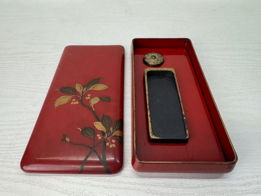 Y10768 BOX Vermilion lacquer Makie Suzuri inkstone case Japan antique stationery