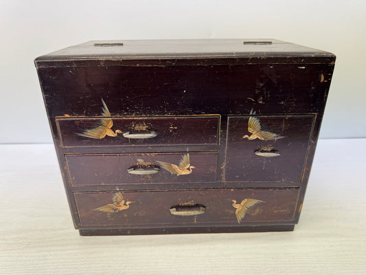 Y10788 TANSU wooden needle Sewing box Crane  Japan antique interior storage