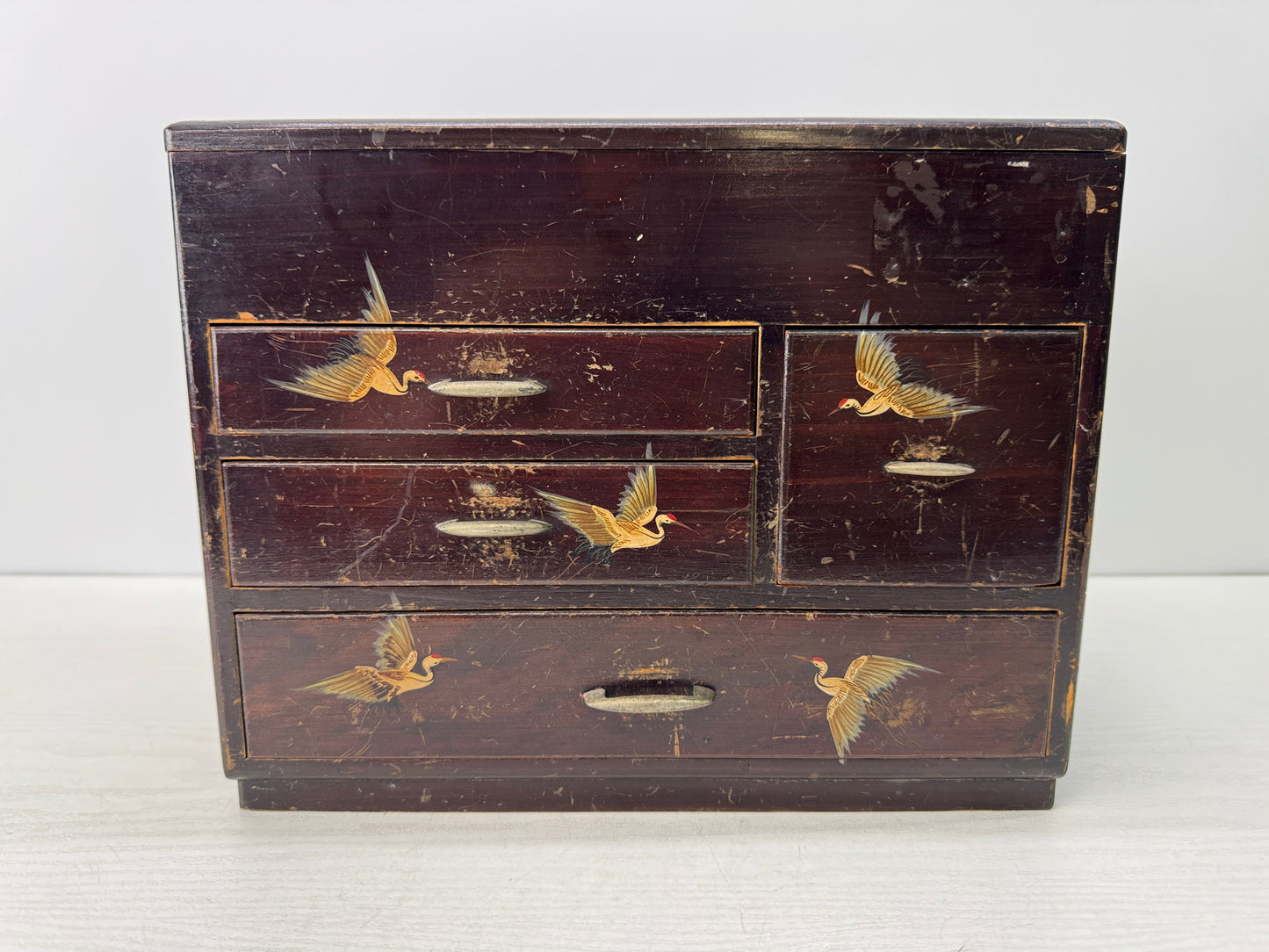 Y10788 TANSU wooden needle Sewing box Crane  Japan antique interior storage