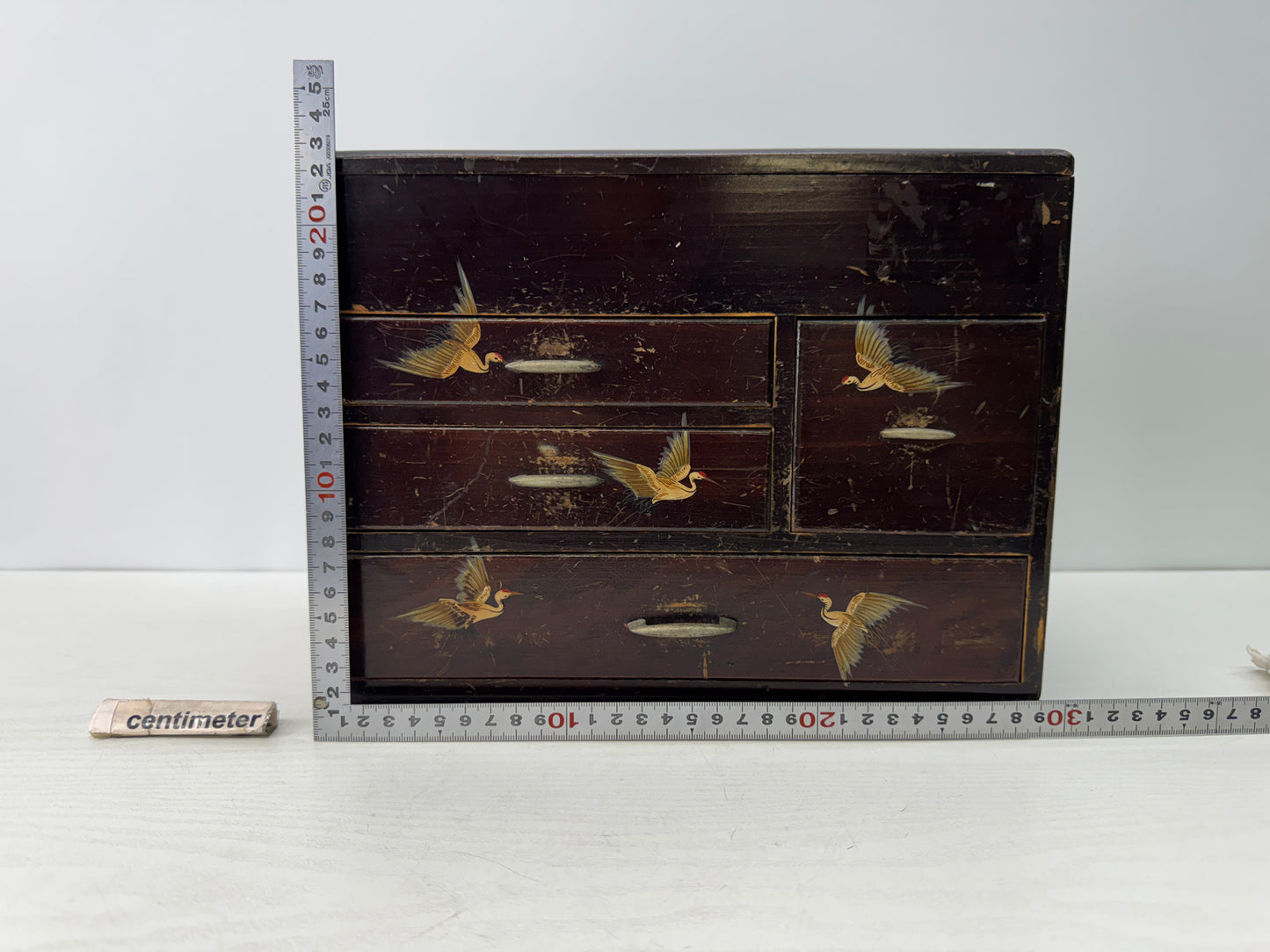 Y10788 TANSU wooden needle Sewing box Crane  Japan antique interior storage