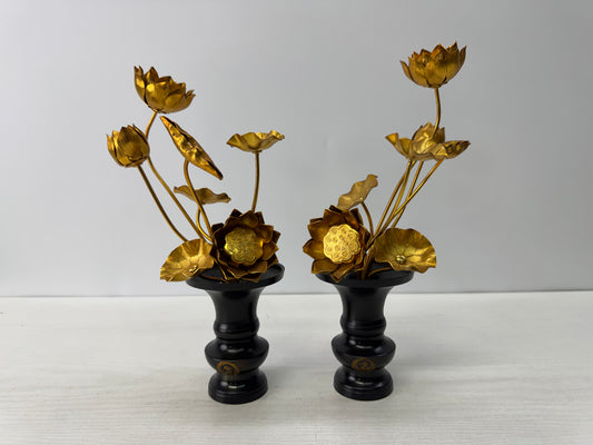 Y10806 Buddhist Altar Equipment metal Lotus ornament Vase pair Japan antique