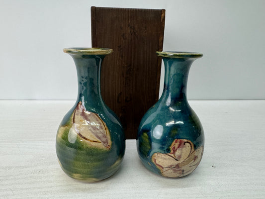 Y10808 CHOUSHI Oribe-ware Tokkuri Sake bottle cup pair signed box Japan antique