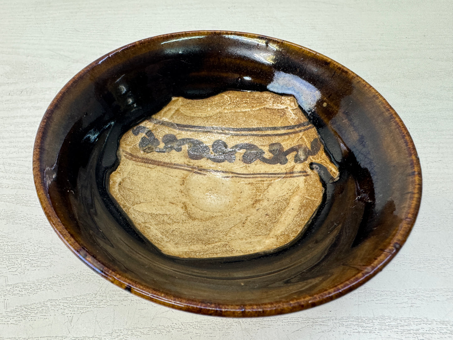 Y10813 CHAWAN Kurooribe-ware flat bowl signed box Japan antique tea ceremony cup