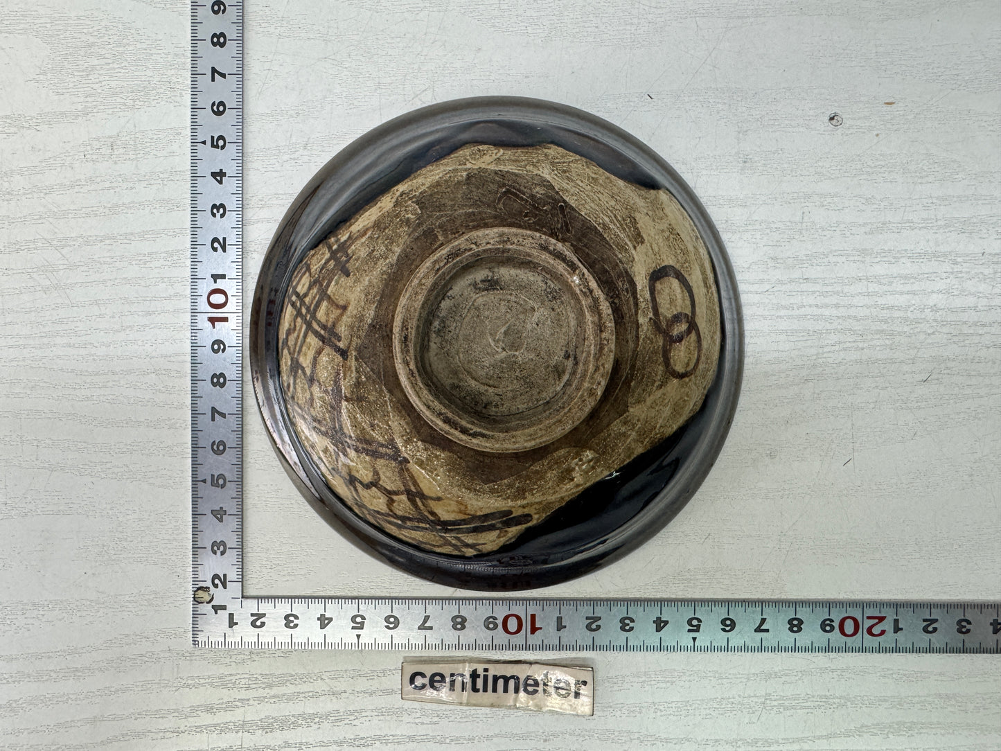 Y10813 CHAWAN Kurooribe-ware flat bowl signed box Japan antique tea ceremony cup