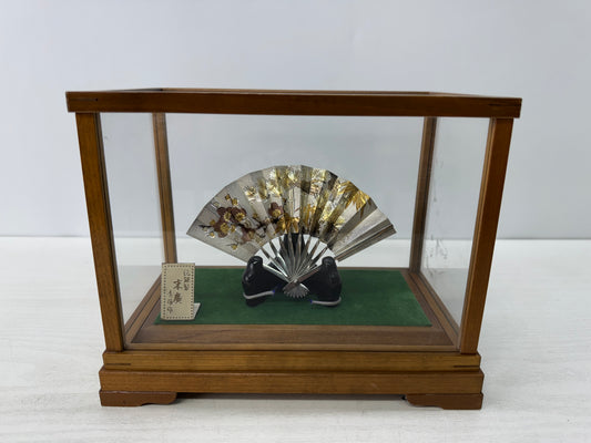 Y10816 OKIMONO Solid Silver Folding Fan signed glass case Japan antique interior