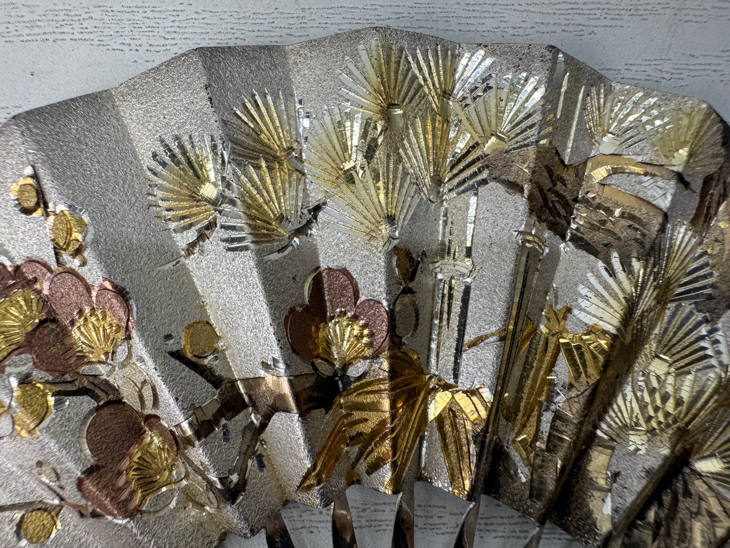 Y10816 OKIMONO Solid Silver Folding Fan signed glass case Japan antique interior