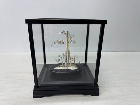 Y10818 OKIMONO Silver Bamboo signed glass case Japan antique ornament interior