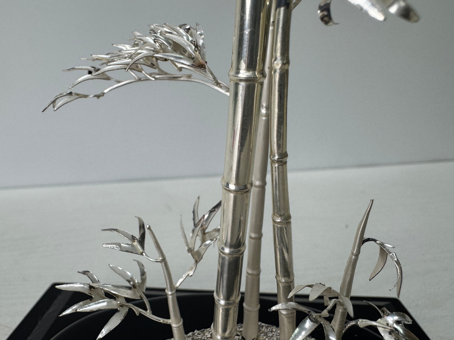 Y10818 OKIMONO Silver Bamboo signed glass case Japan antique ornament interior