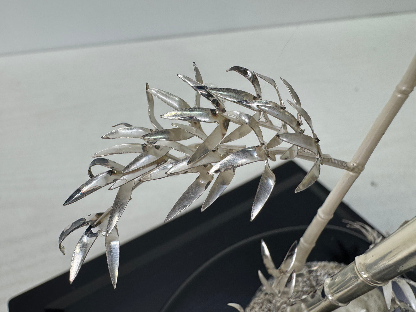 Y10818 OKIMONO Silver Bamboo signed glass case Japan antique ornament interior