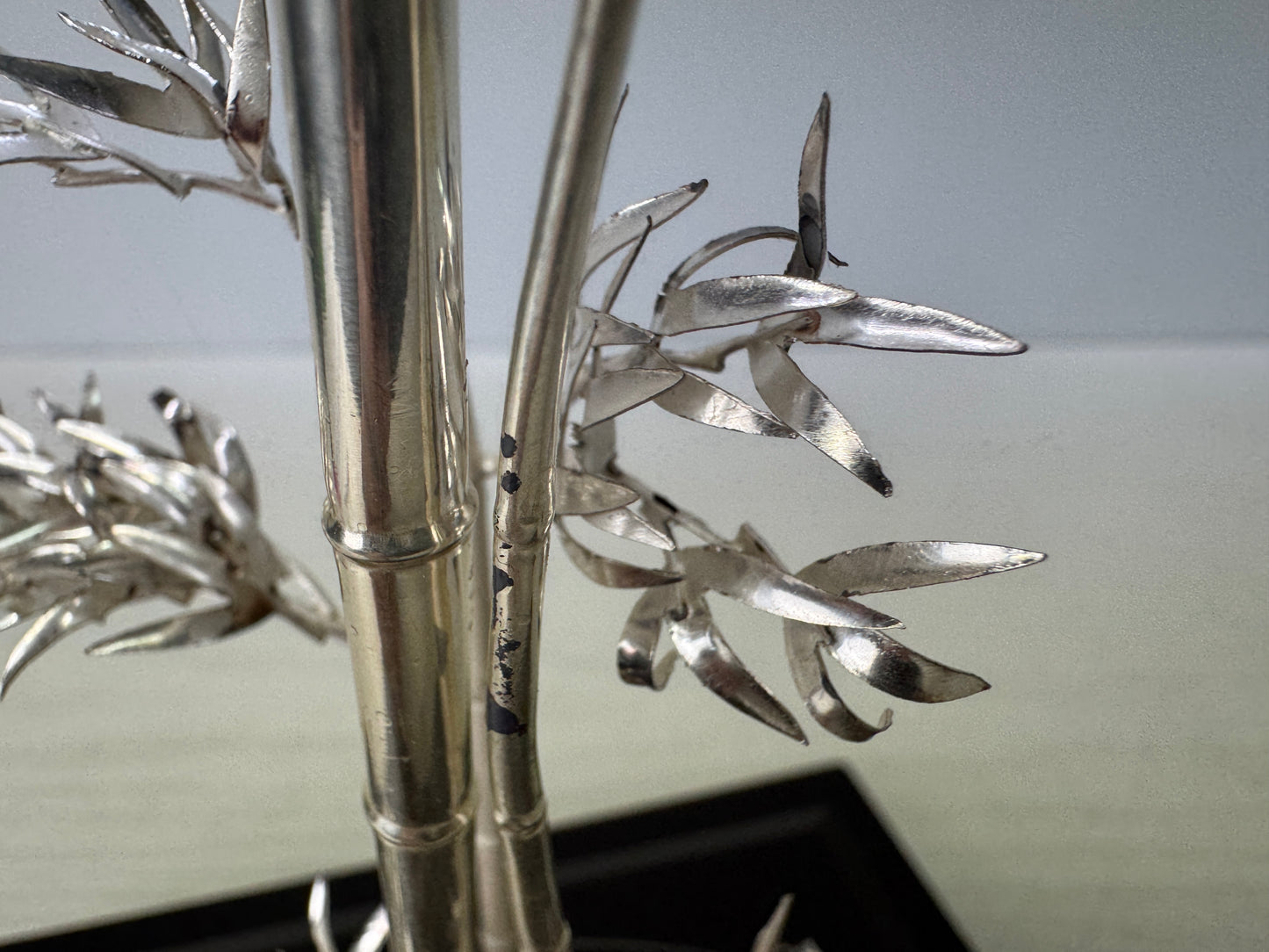 Y10818 OKIMONO Silver Bamboo signed glass case Japan antique ornament interior