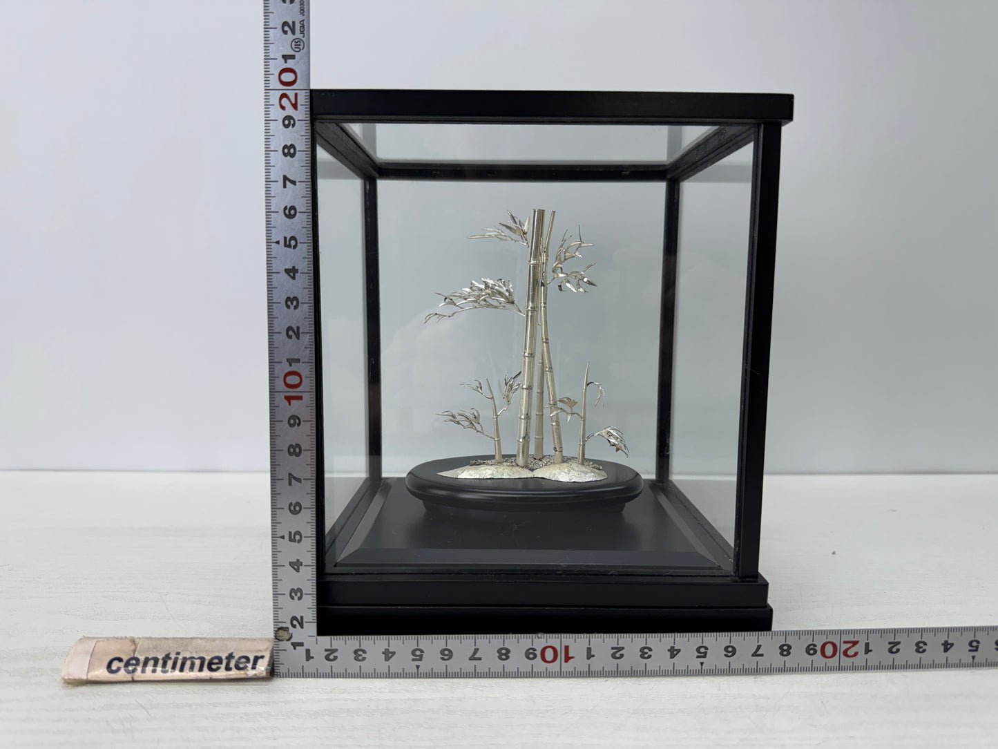 Y10818 OKIMONO Silver Bamboo signed glass case Japan antique ornament interior