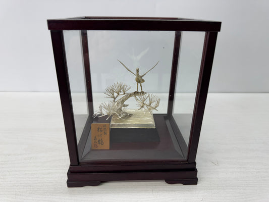 Y10819 OKIMONO Solid Silver Pine Crane signed glass case Japan antique ornament