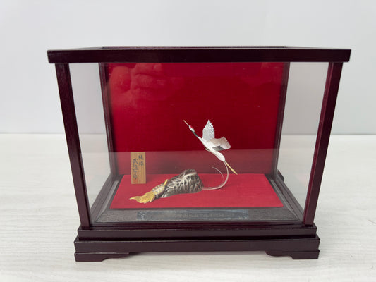 Y10820 OKIMONO Solid Silver Crane Turtle signed glass case Japan antique figure