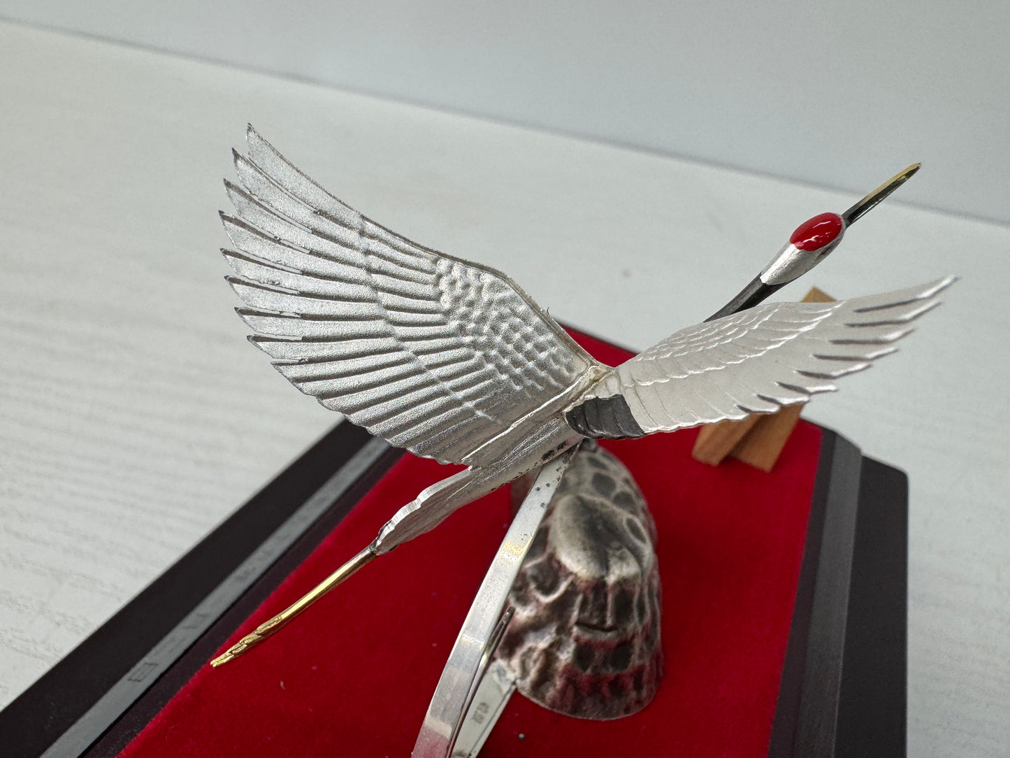Y10820 OKIMONO Solid Silver Crane Turtle signed glass case Japan antique figure