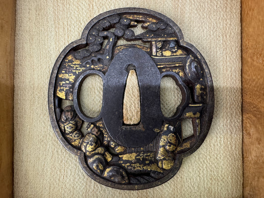 Y10823 TSUBA Iron sword guard inlay box Japan antique samurai katana koshirae