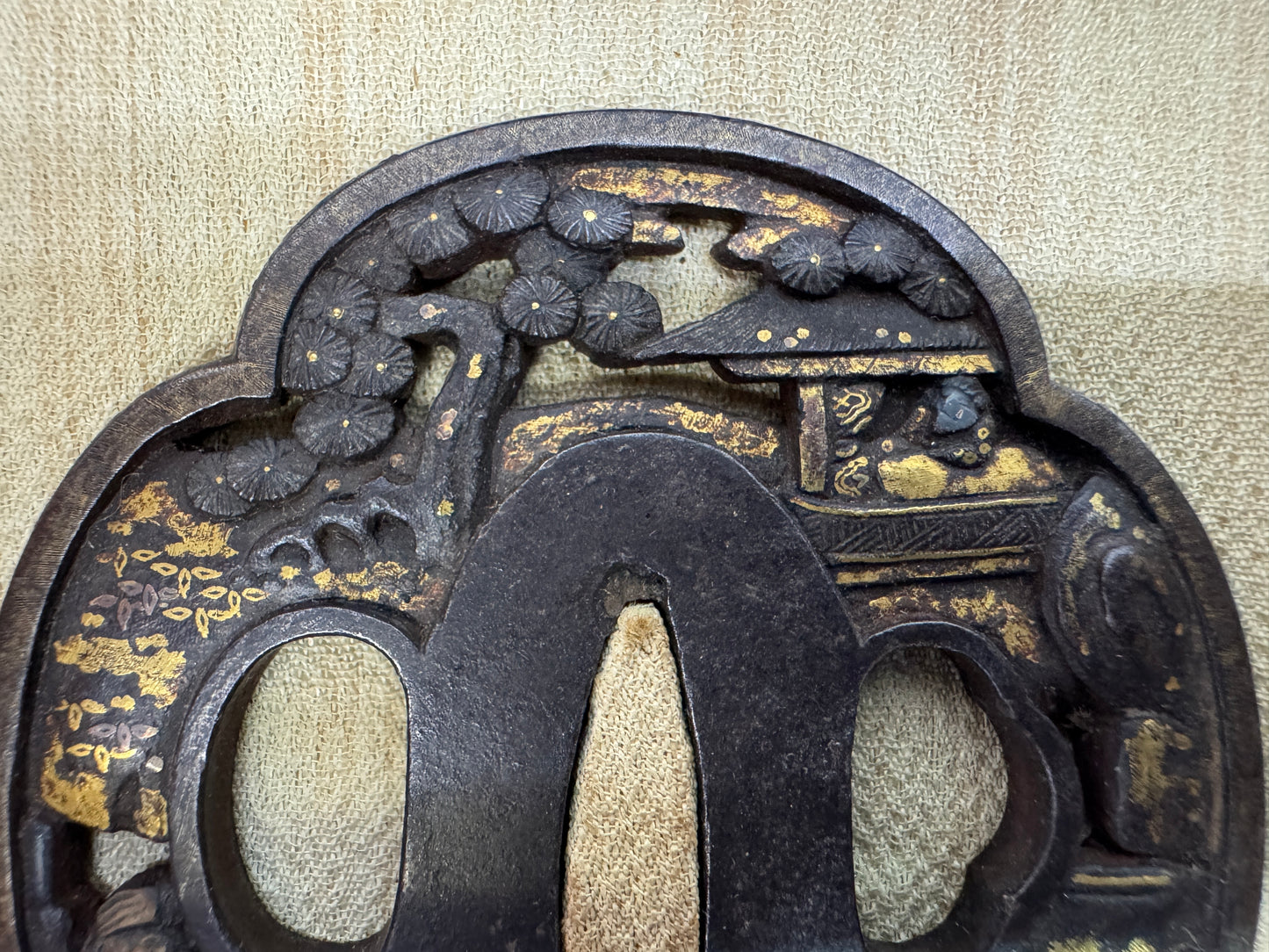 Y10823 TSUBA Iron sword guard inlay box Japan antique samurai katana koshirae