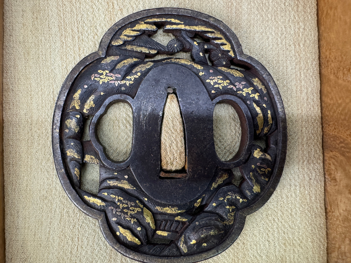 Y10823 TSUBA Iron sword guard inlay box Japan antique samurai katana koshirae