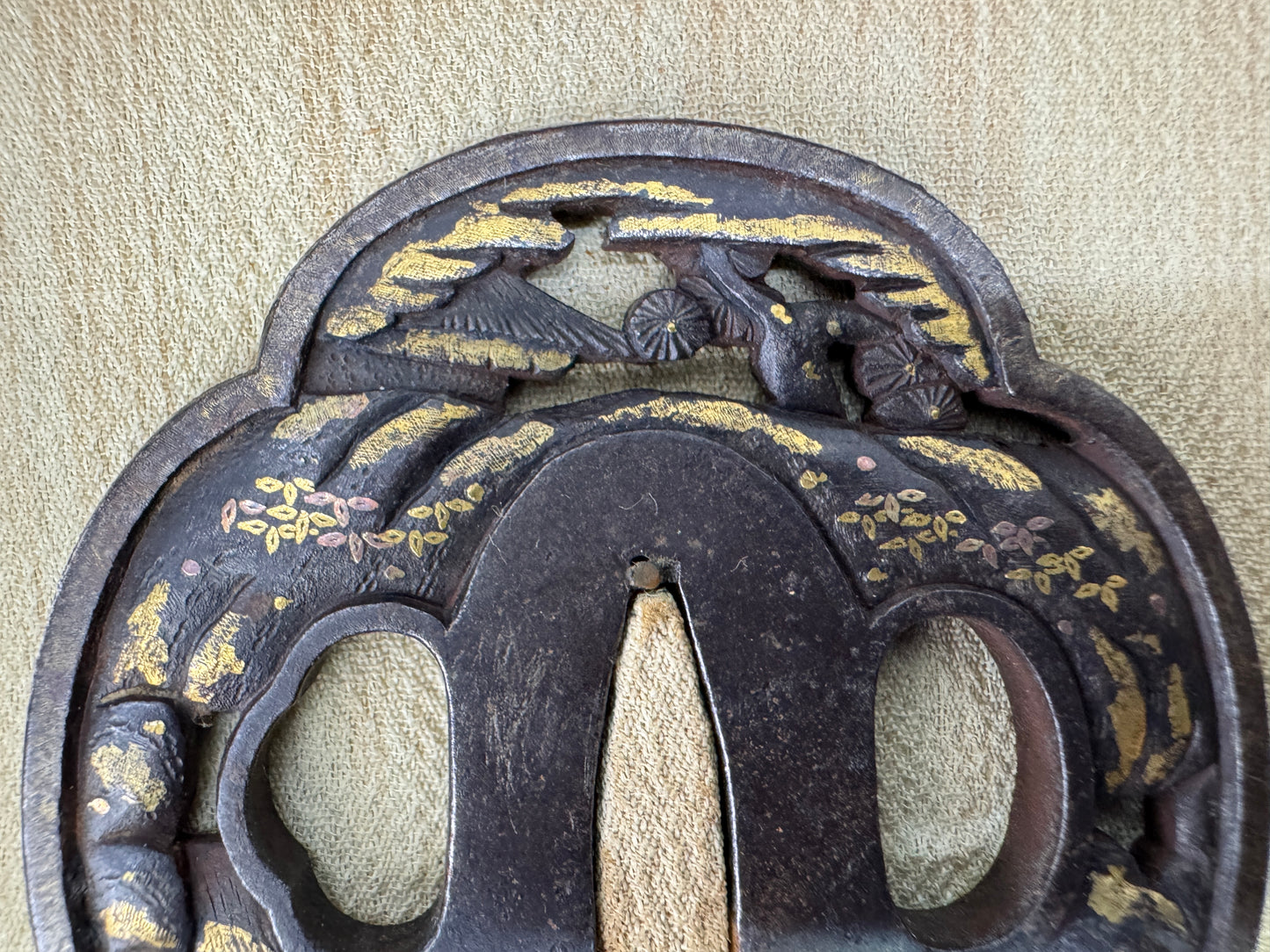 Y10823 TSUBA Iron sword guard inlay box Japan antique samurai katana koshirae