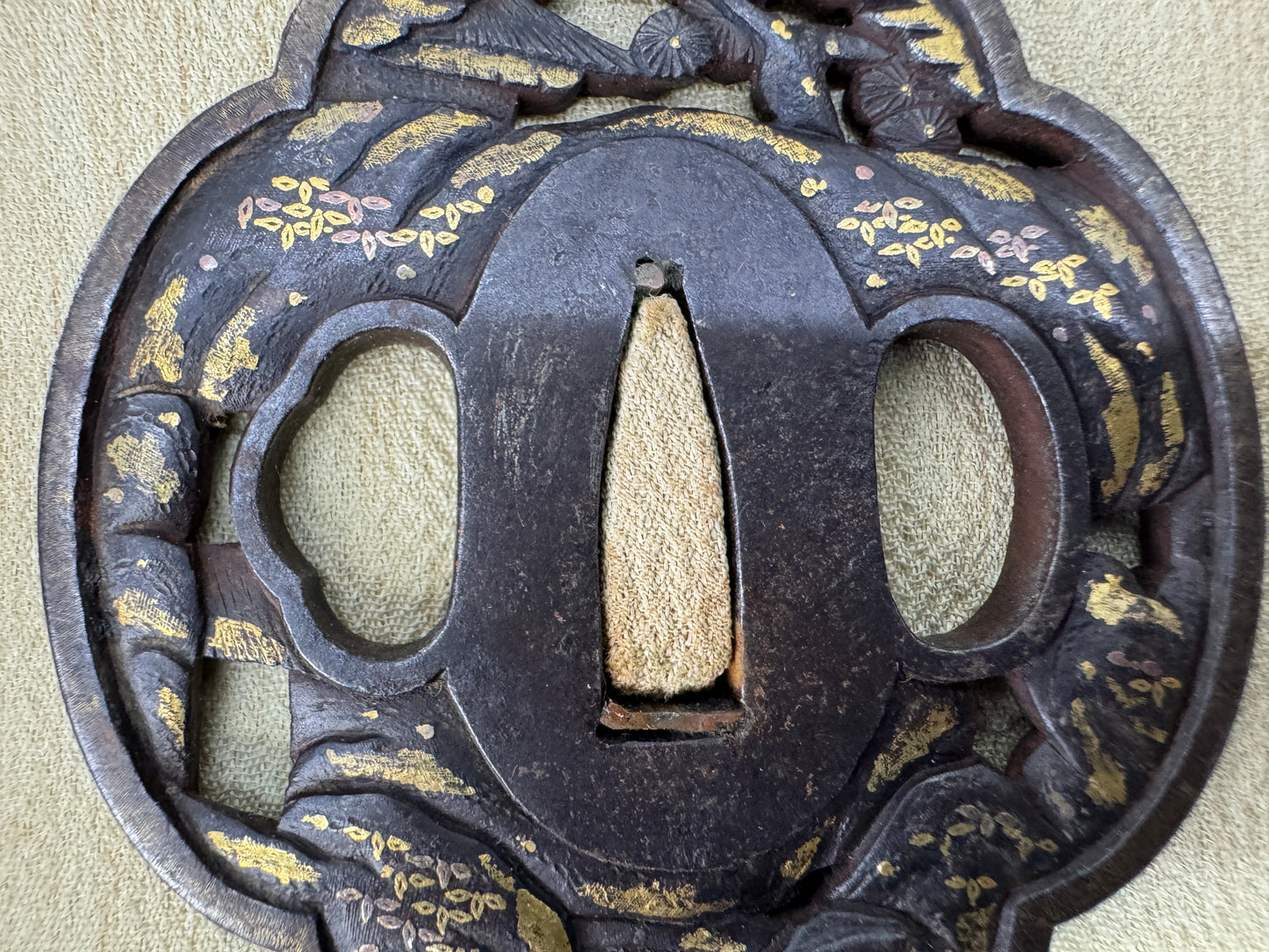 Y10823 TSUBA Iron sword guard inlay box Japan antique samurai katana koshirae