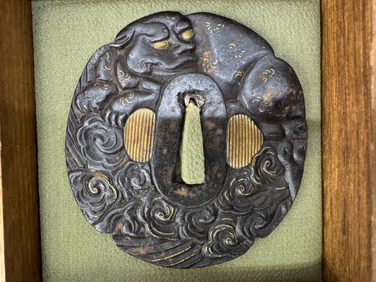 Y10825 TSUBA Iron sword guard inlay box Japan antique samurai katana koshirae