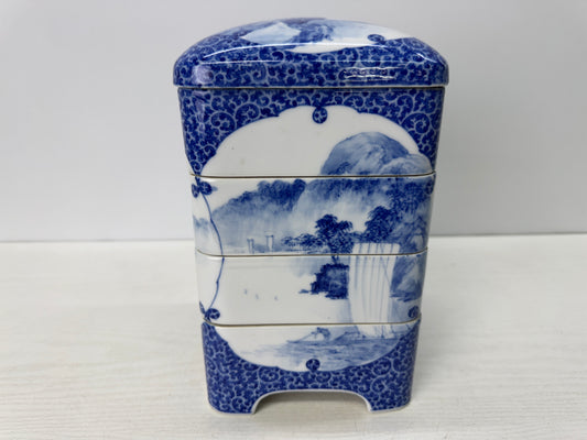 Y10835 BOX Seto-ware Pavilion Landscape muti-tiered container Japan antique case