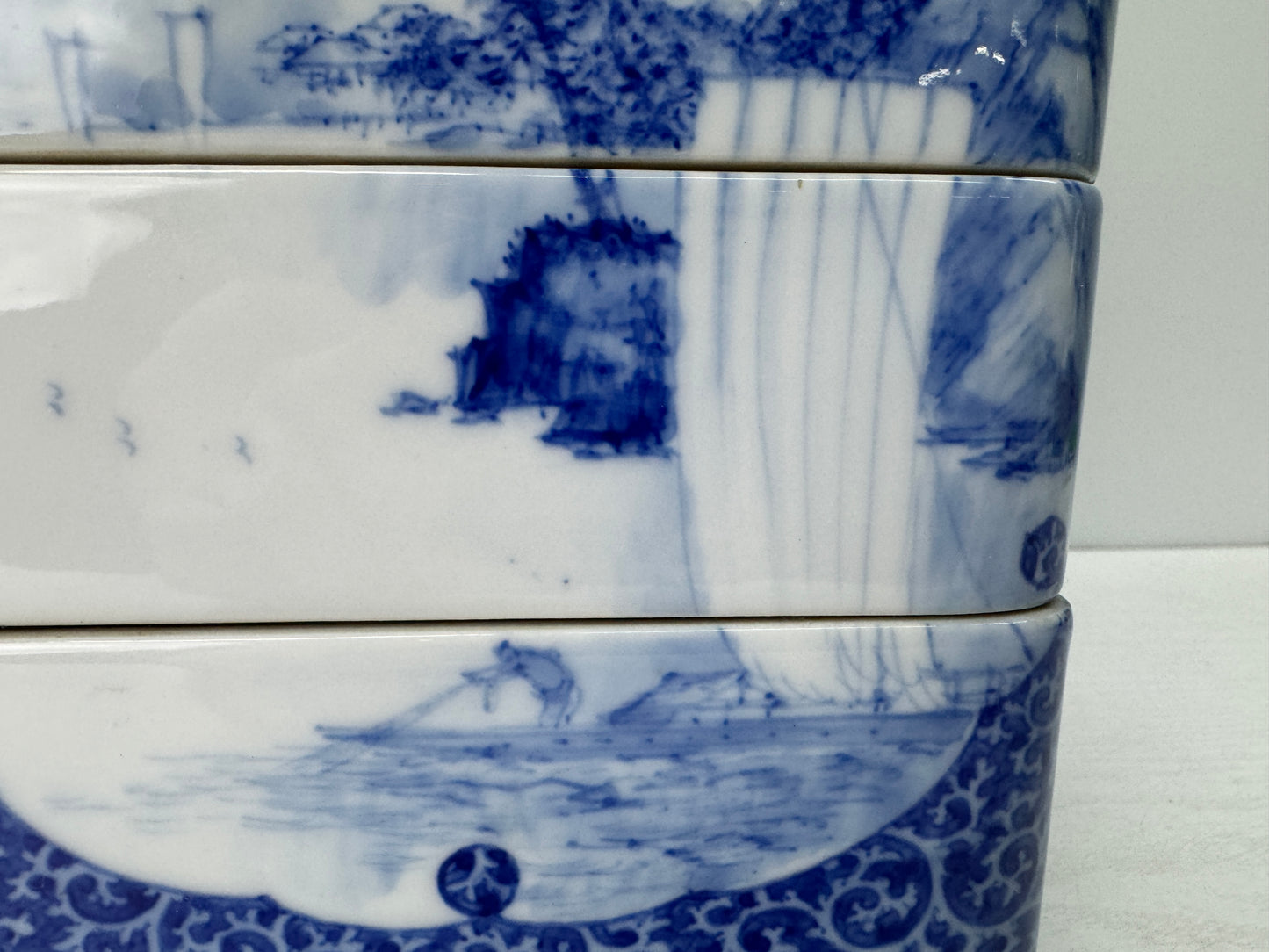 Y10835 BOX Seto-ware Pavilion Landscape muti-tiered container Japan antique case