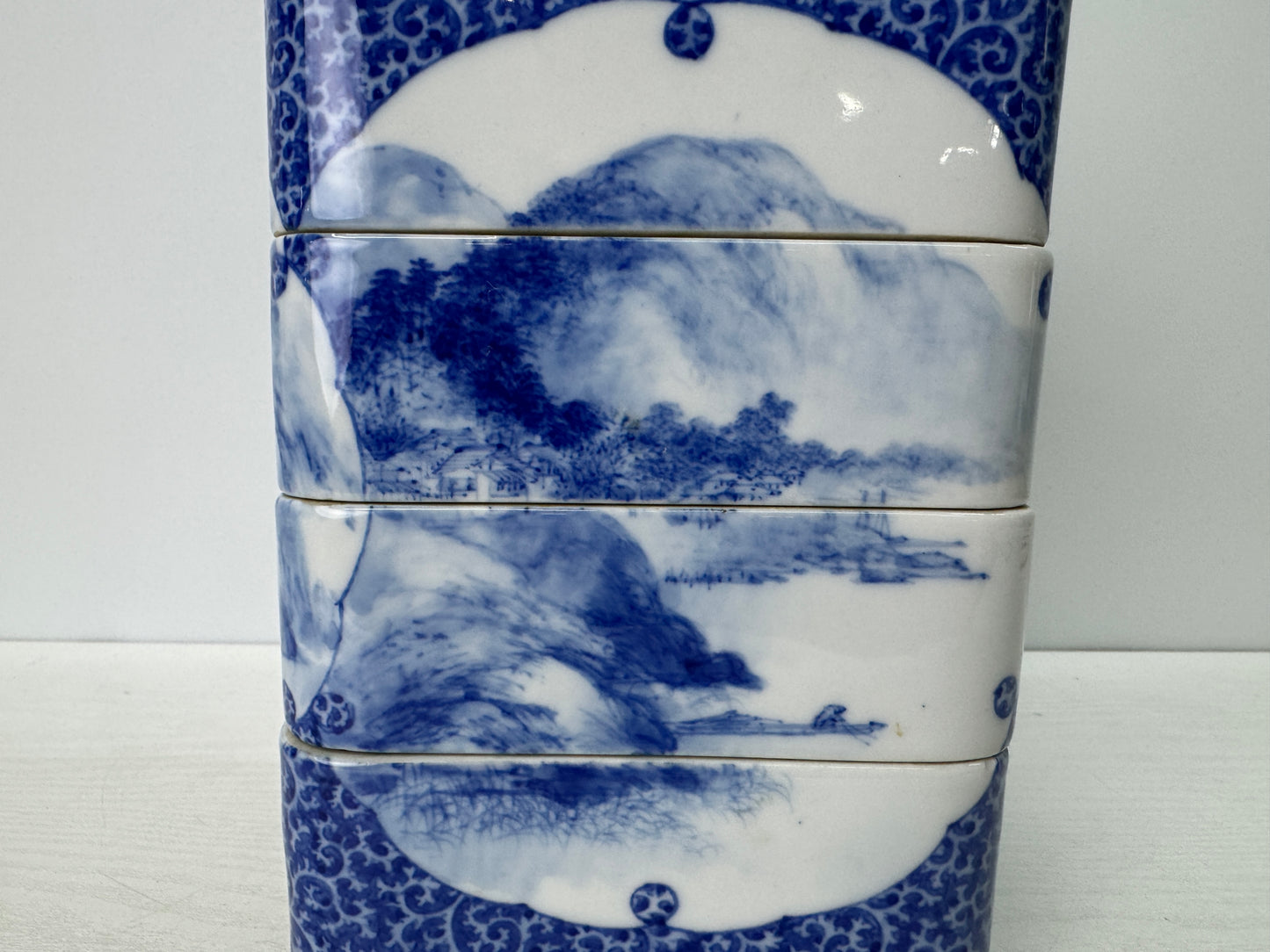 Y10835 BOX Seto-ware Pavilion Landscape muti-tiered container Japan antique case
