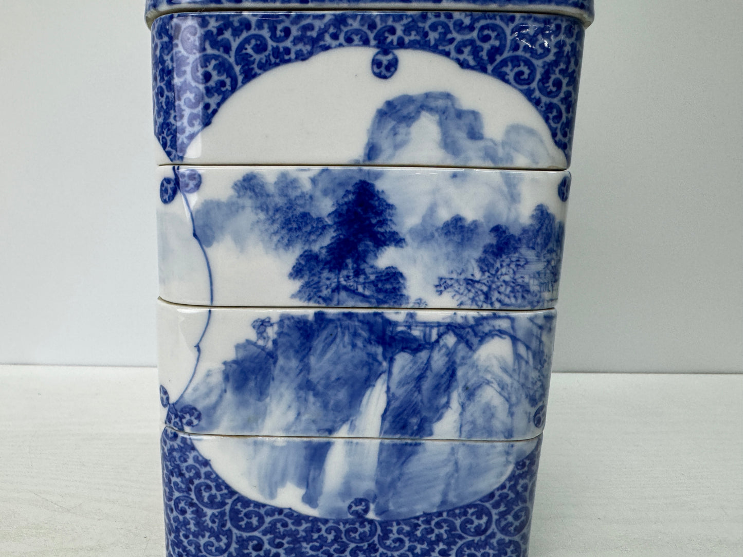 Y10835 BOX Seto-ware Pavilion Landscape muti-tiered container Japan antique case