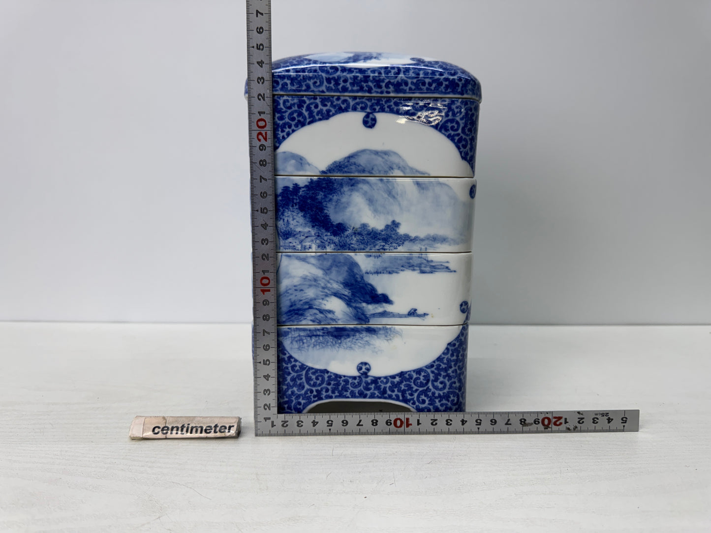 Y10835 BOX Seto-ware Pavilion Landscape muti-tiered container Japan antique case