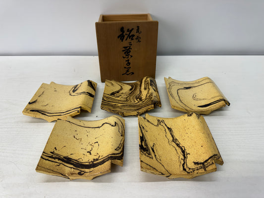 Y10839 DISH Seto-ware serving plate signed box Roof tile shape Japan antique