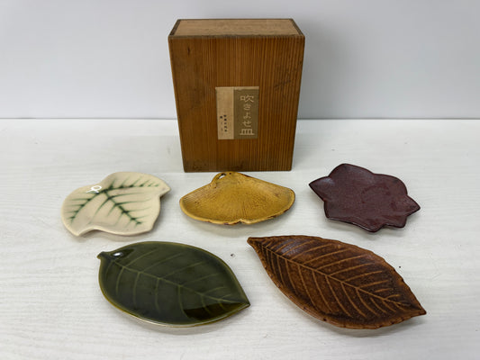 Y10840 DISH Seto-ware leaf-shaped plate set of 5 signed box Japan antique